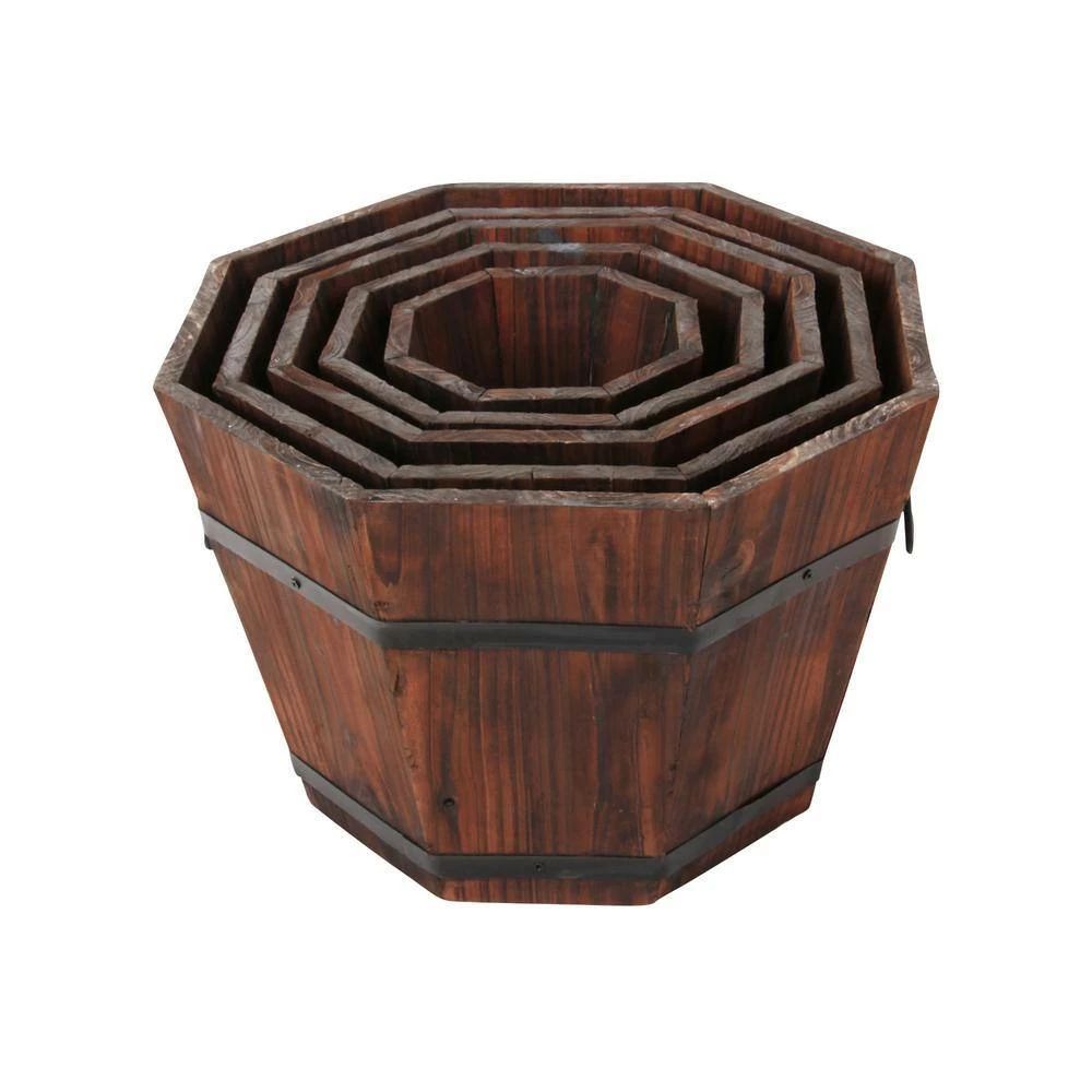 Leisure Season Barrel Style 15 in. W x 15 in. D x 9 in. H Octagonal Wooden Brown Planters (5-Pack) 3 Leisure Season Barrel Style 15 in. W x 15 in. D x 9 in. H Octagonal Wooden Brown Planters (5-Pack) - Image 3