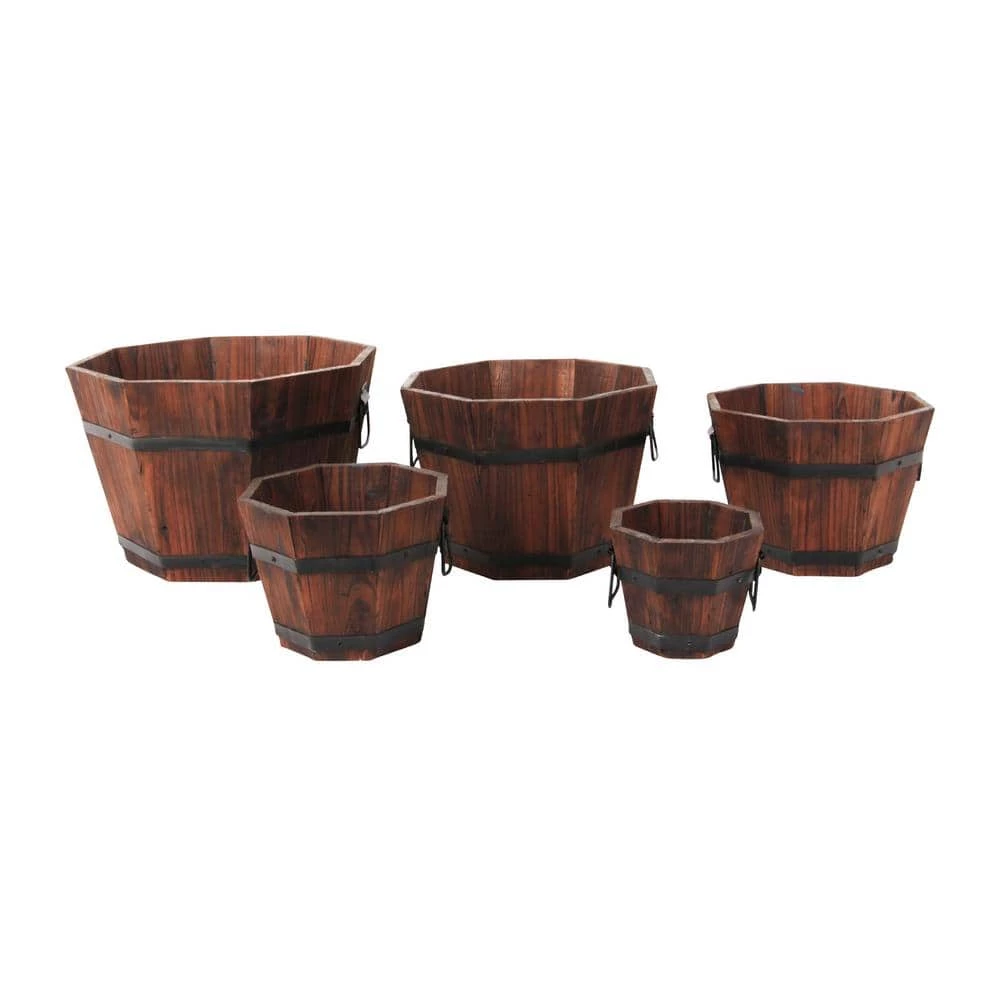 Leisure Season Barrel Style 15 in. W x 15 in. D x 9 in. H Octagonal Wooden Brown Planters (5-Pack) 4 Leisure Season Barrel Style 15 in. W x 15 in. D x 9 in. H Octagonal Wooden Brown Planters (5-Pack) - Image 4