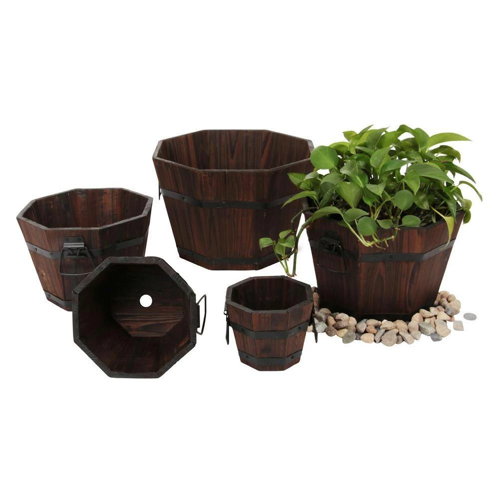 Leisure Season Barrel Style 15 in. W x 15 in. D x 9 in. H Octagonal Wooden Brown Planters (5-Pack) 2 Leisure Season Barrel Style 15 in. W x 15 in. D x 9 in. H Octagonal Wooden Brown Planters (5-Pack) - Image 2