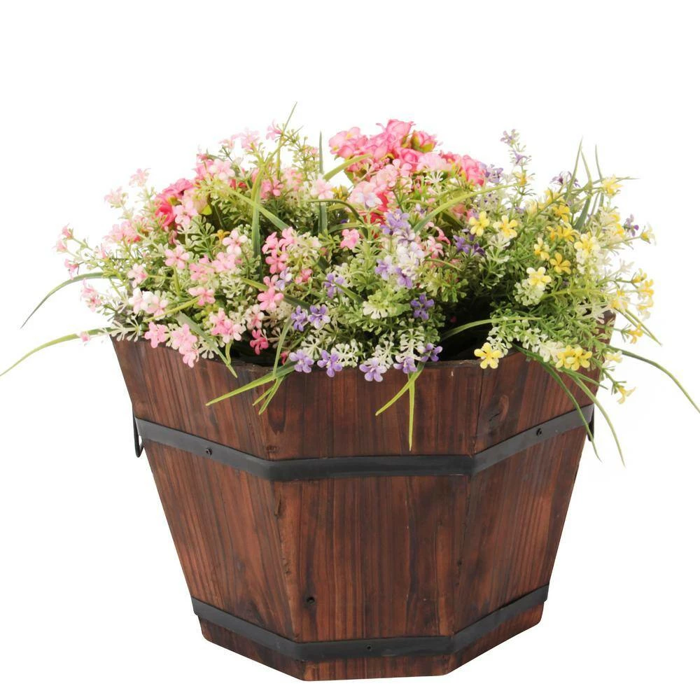 Leisure Season Barrel Style 15 in. W x 15 in. D x 9 in. H Octagonal Wooden Brown Planters (5-Pack) 5 Leisure Season Barrel Style 15 in. W x 15 in. D x 9 in. H Octagonal Wooden Brown Planters (5-Pack) - Image 5