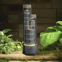 Watnature 39.5 in. Resin Modern Indoor Outdoor Waterfall Fountain, 3-Columnar Ripple Freestanding Water Feature with Lights -Algreen Sales Store watnature freestanding fountains b ff1006 1f 1000