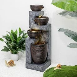 Watnature 40.1 in. Resin Rustic Garden Fountain with LED Lights, 4-Tiered Urns Indoor Outdoor Freestanding Waterfall Fountains -Algreen Sales Store watnature freestanding fountains b ff1010 4f 1000