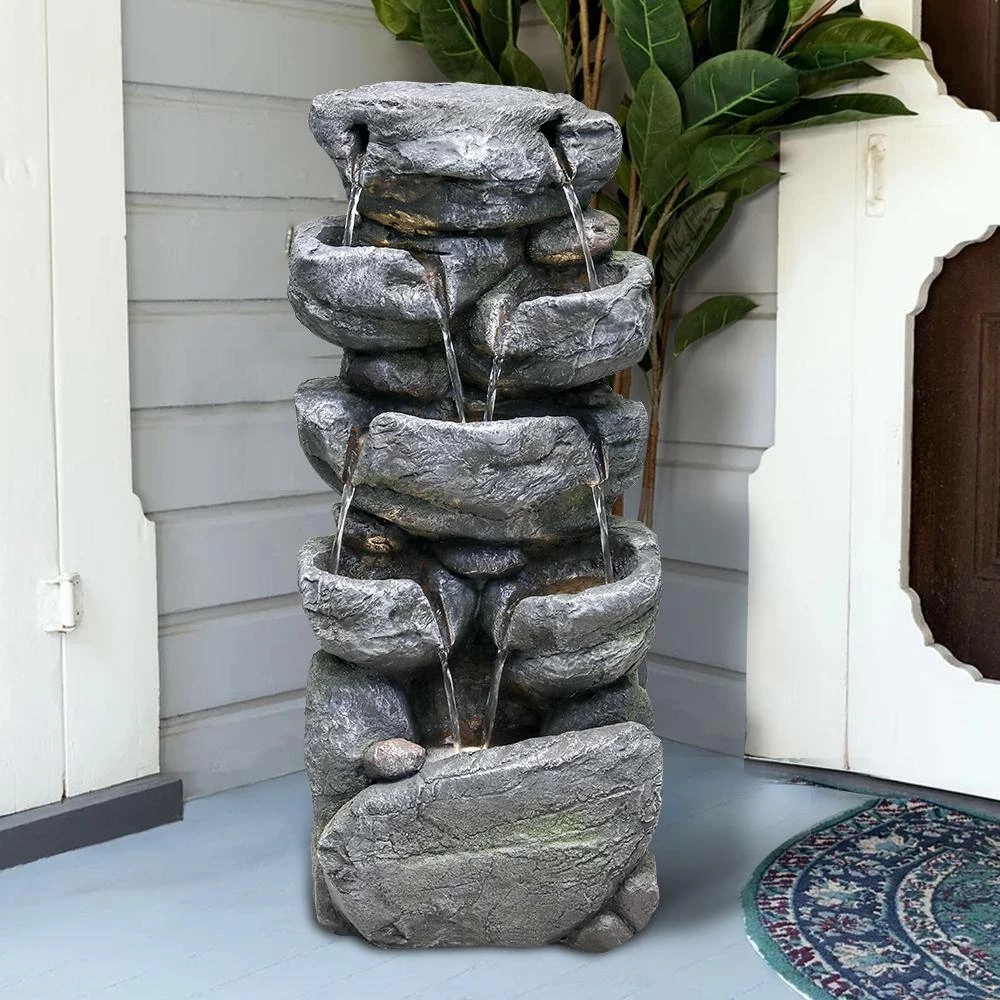 Watnature 31.4 in. Resin Outdoor Fountains with LED Lights, 5-Tier Cascading Rockery Floor Standing Fountain for House Decor 4 Watnature 31.4 in. Resin Outdoor Fountains with LED Lights, 5-Tier Cascading Rockery Floor Standing Fountain for House Decor - Image 4