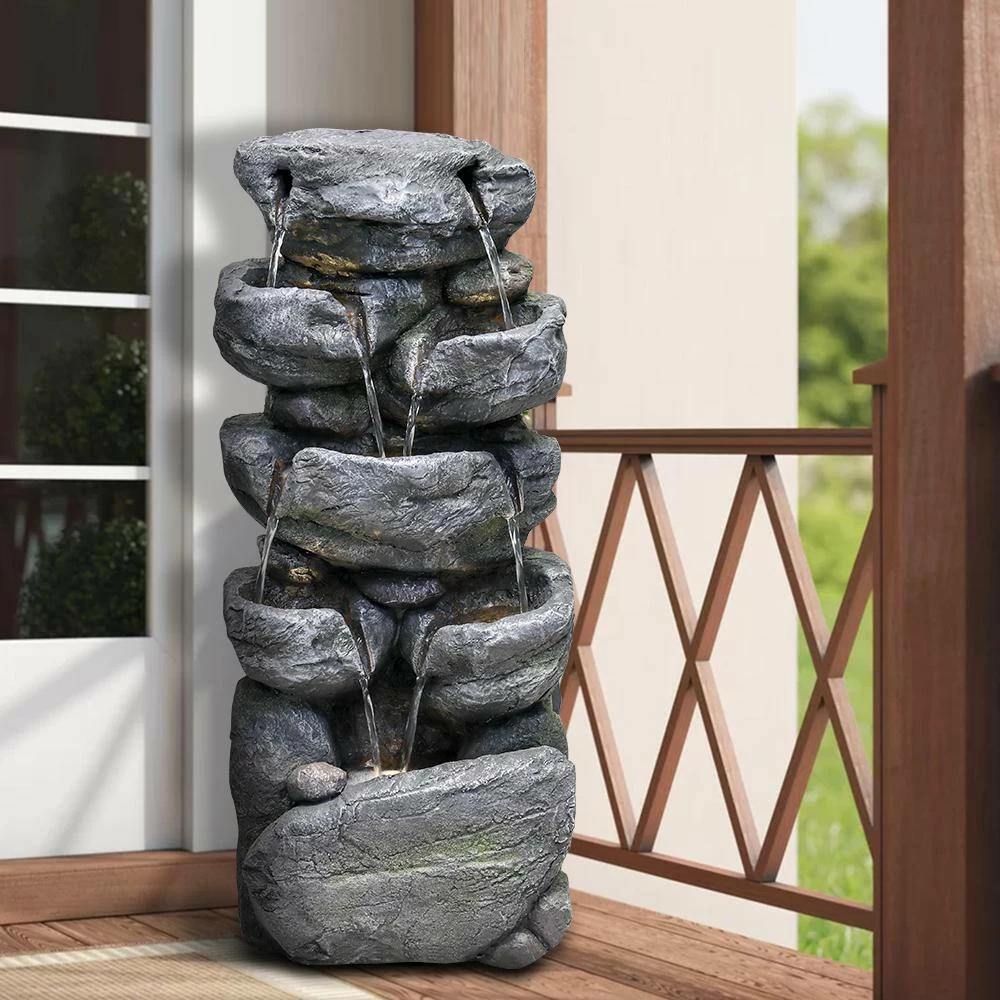 Watnature 31.4 in. Resin Outdoor Fountains with LED Lights, 5-Tier Cascading Rockery Floor Standing Fountain for House Decor 5 Watnature 31.4 in. Resin Outdoor Fountains with LED Lights, 5-Tier Cascading Rockery Floor Standing Fountain for House Decor - Image 5