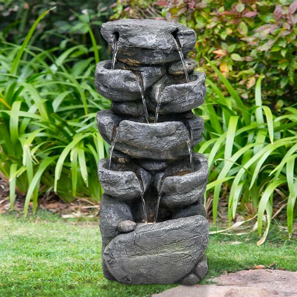 Watnature 31.4 in. Resin Outdoor Fountains with LED Lights, 5-Tier Cascading Rockery Floor Standing Fountain for House Decor 3 Watnature 31.4 in. Resin Outdoor Fountains with LED Lights, 5-Tier Cascading Rockery Floor Standing Fountain for House Decor - Image 3