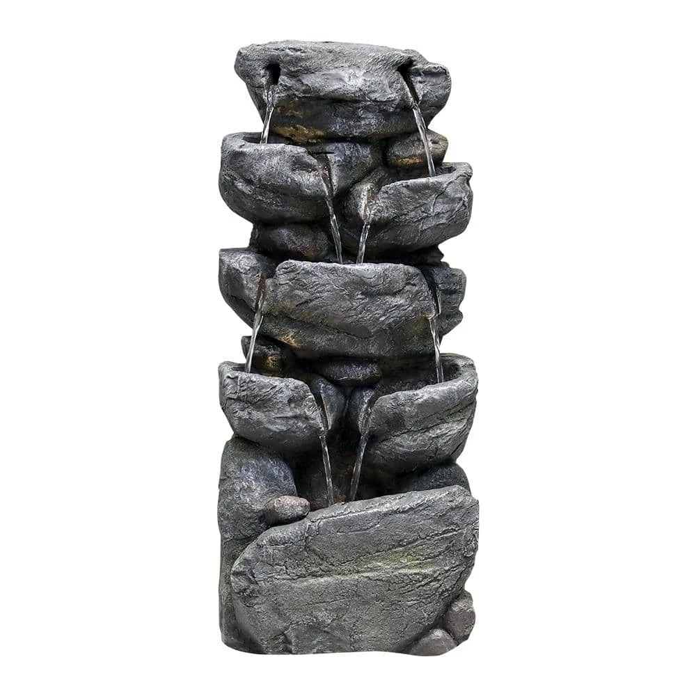Watnature 31.4 in. Resin Outdoor Fountains with LED Lights, 5-Tier Cascading Rockery Floor Standing Fountain for House Decor 1 Watnature 31.4 in. Resin Outdoor Fountains with LED Lights, 5-Tier Cascading Rockery Floor Standing Fountain for House Decor