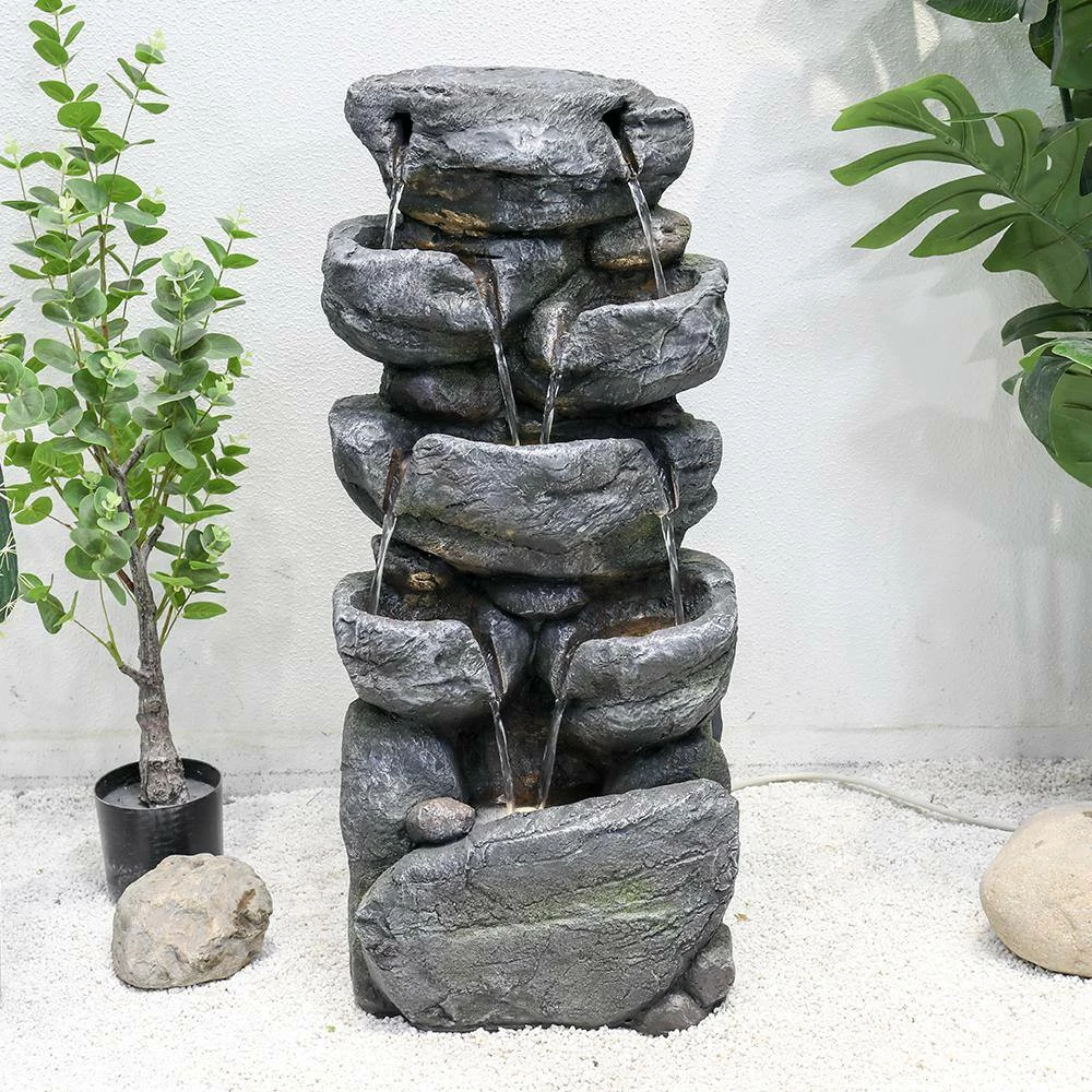 Watnature 31.4 in. Resin Outdoor Fountains with LED Lights, 5-Tier Cascading Rockery Floor Standing Fountain for House Decor 2 Watnature 31.4 in. Resin Outdoor Fountains with LED Lights, 5-Tier Cascading Rockery Floor Standing Fountain for House Decor - Image 2