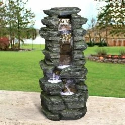 Watnature 31.4 in. Resin Fiberglass Rockery Showering Outdoor Fountain with LED Lights for Patio, Garden, House and Office -Algreen Sales Store watnature freestanding fountains b gpf210014 4f 1000 1