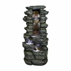 Watnature 31.4 in. Resin Fiberglass Rockery Showering Outdoor Fountain with LED Lights for Patio, Garden, House and Office