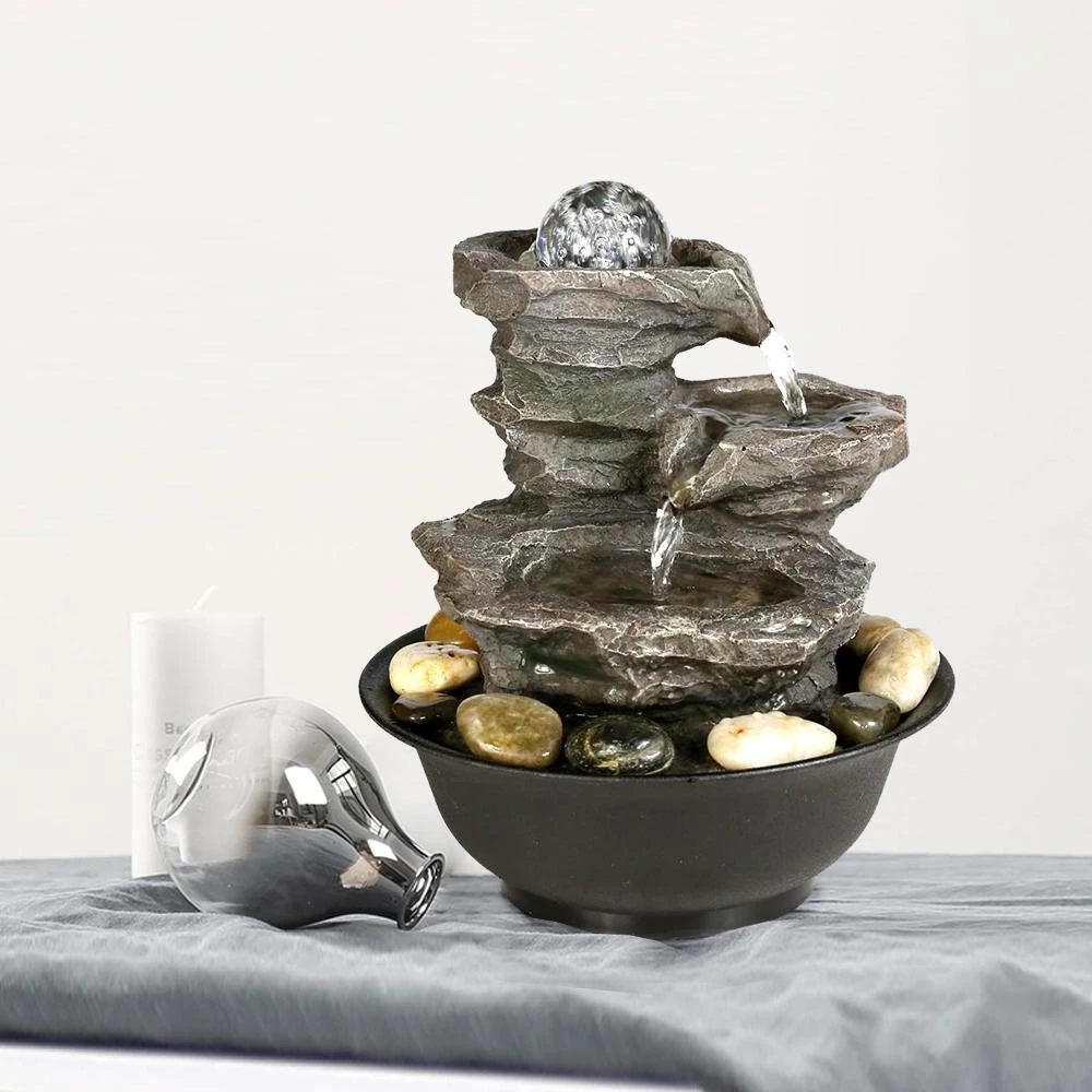Watnature 9.8 in. Resin-Rock Cascading Tabletop Water Fountain, 4-Tier Relaxation Waterfall Feature with LED Lights and Ball 4 Watnature 9.8 in. Resin-Rock Cascading Tabletop Water Fountain, 4-Tier Relaxation Waterfall Feature with LED Lights and Ball - Image 4