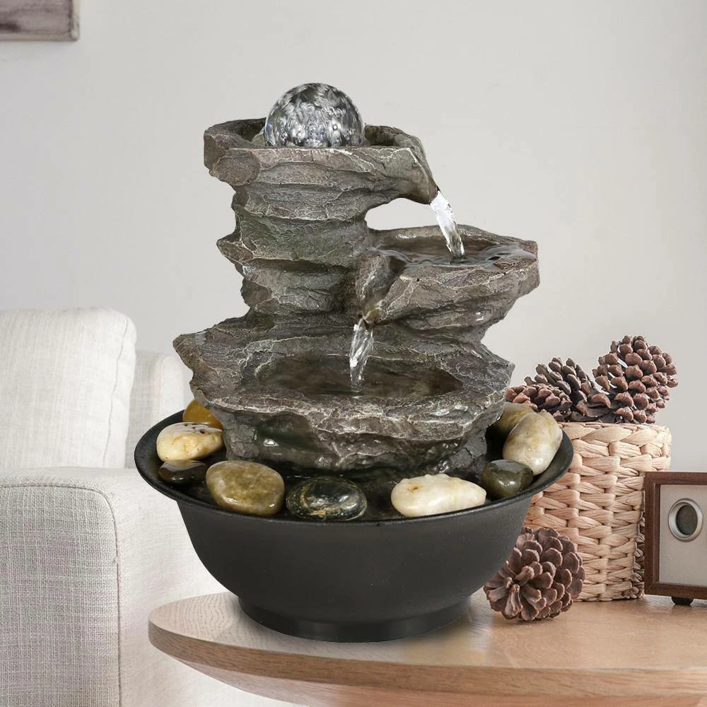 Watnature 9.8 in. Resin-Rock Cascading Tabletop Water Fountain, 4-Tier Relaxation Waterfall Feature with LED Lights and Ball 3 Watnature 9.8 in. Resin-Rock Cascading Tabletop Water Fountain, 4-Tier Relaxation Waterfall Feature with LED Lights and Ball - Image 3