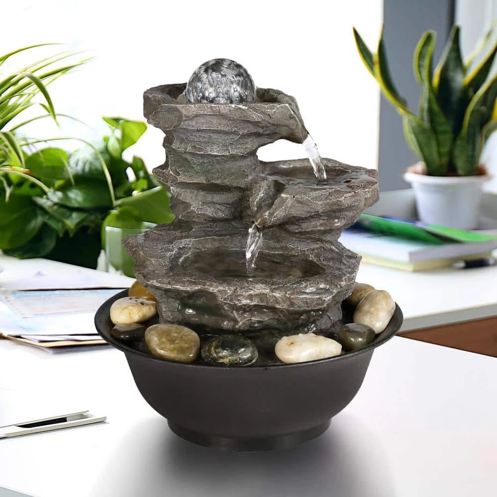 Watnature 9.8 in. Resin-Rock Cascading Tabletop Water Fountain, 4-Tier Relaxation Waterfall Feature with LED Lights and Ball 2 Watnature 9.8 in. Resin-Rock Cascading Tabletop Water Fountain, 4-Tier Relaxation Waterfall Feature with LED Lights and Ball - Image 2
