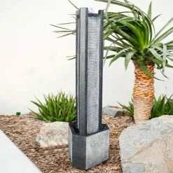 Watnature 39.3 in. Resin Indoor Outdoor Fountain - Geometric Ripple Cascading Tower Freestanding Water Fountain with Lights -Algreen Sales Store watnature freestanding fountains b szy s17008 4f 1000