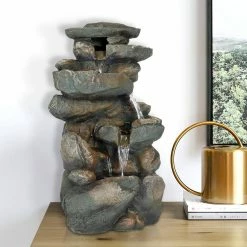 Watnature Rockery Tabletop Fountain, 16 H"Resin Crafted Stacked Rockery Waterfall Fountain with LED Lights&Cascading Water Stream -Algreen Sales Store watnature freestanding fountains b yds31008 4f 1000