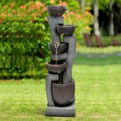 Watnature 43.7in Resin Modern Indoor Outdoor Fountain -5 Crocks Garden Waterfall Fountain with LED Lights for Garden, Patio, Deck -Algreen Sales Store watnature freestanding fountains ff1033 1f 1000