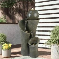 Watnature 24 in. Outdoor Waterfall Garden Fountain Modern Sphere Patio Floor Fountain, Curved LED Fountain for Garden, House Decor -Algreen Sales Store watnature freestanding fountains gpf180053 4f 1000