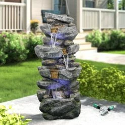 Watnature 40 in. Outdoor Fountain, Soothing Tranquility Stacked Simulated Rock Water Fountain with LED Lights for Garden Yard Deck -Algreen Sales Store watnature freestanding fountains gpf190027 4f 1000