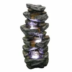 Watnature 40 in. Outdoor Fountain, Soothing Tranquility Stacked Simulated Rock Water Fountain with LED Lights for Garden Yard Deck