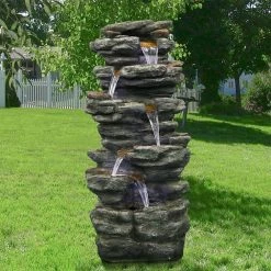 Watnature 40 in. Resin Rockery Outdoor Relaxing Water Fountain, 6-Tier LED Outdoor Waterfall Fountain for Home, Office, Garden -Algreen Sales Store watnature freestanding fountains gpf190038 4f 1000 1