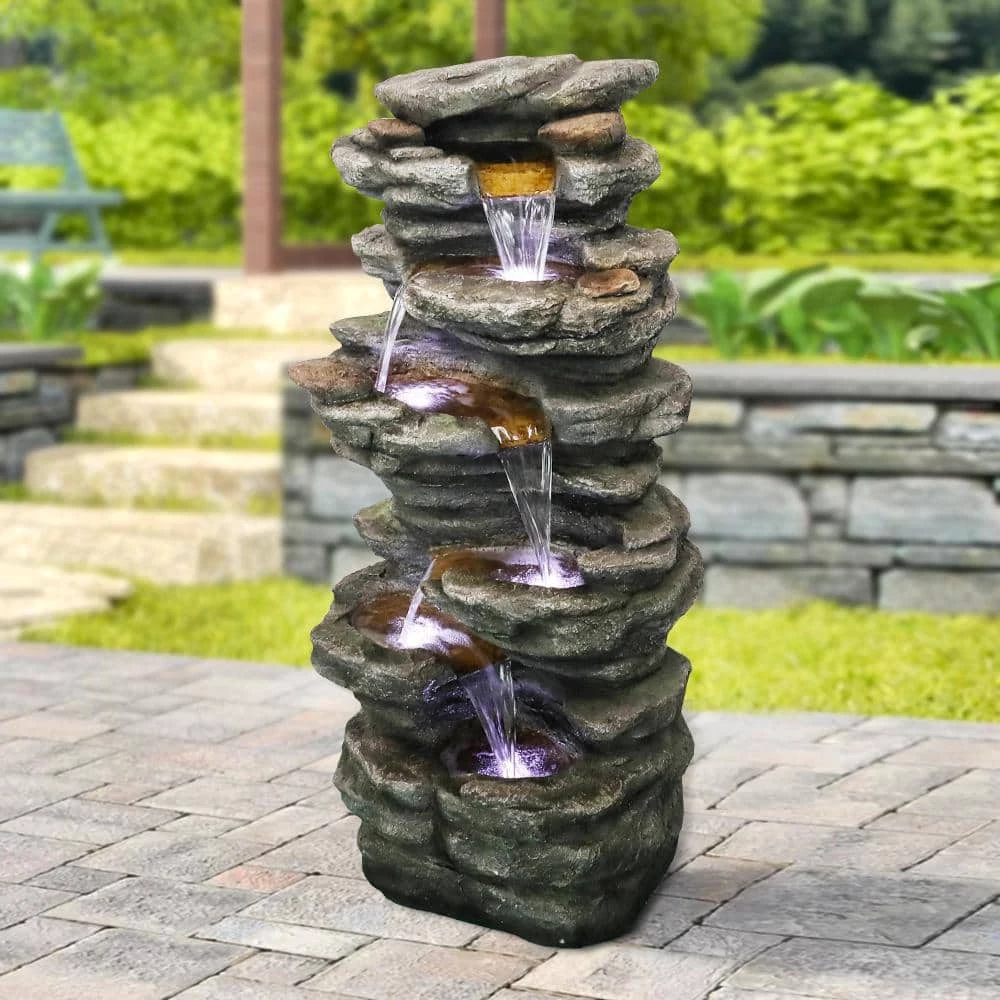 Watnature 40 in. 6-Tier Resin Fiberglass Garden Water Fountain with LED Lights and Soothing Sound for Office, Garden 4 Watnature 40 in. 6-Tier Resin Fiberglass Garden Water Fountain with LED Lights and Soothing Sound for Office, Garden - Image 4