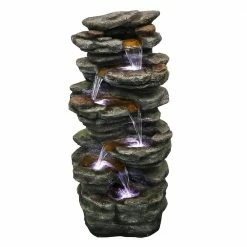 Watnature 40 in. Resin Rockery Outdoor Relaxing Water Fountain, 6-Tier LED Outdoor Waterfall Fountain for Home, Office, Garden