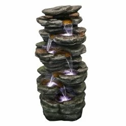 Watnature 40 in. 6-Tier Resin Fiberglass Garden Water Fountain with LED Lights and Soothing Sound for Office, Garden