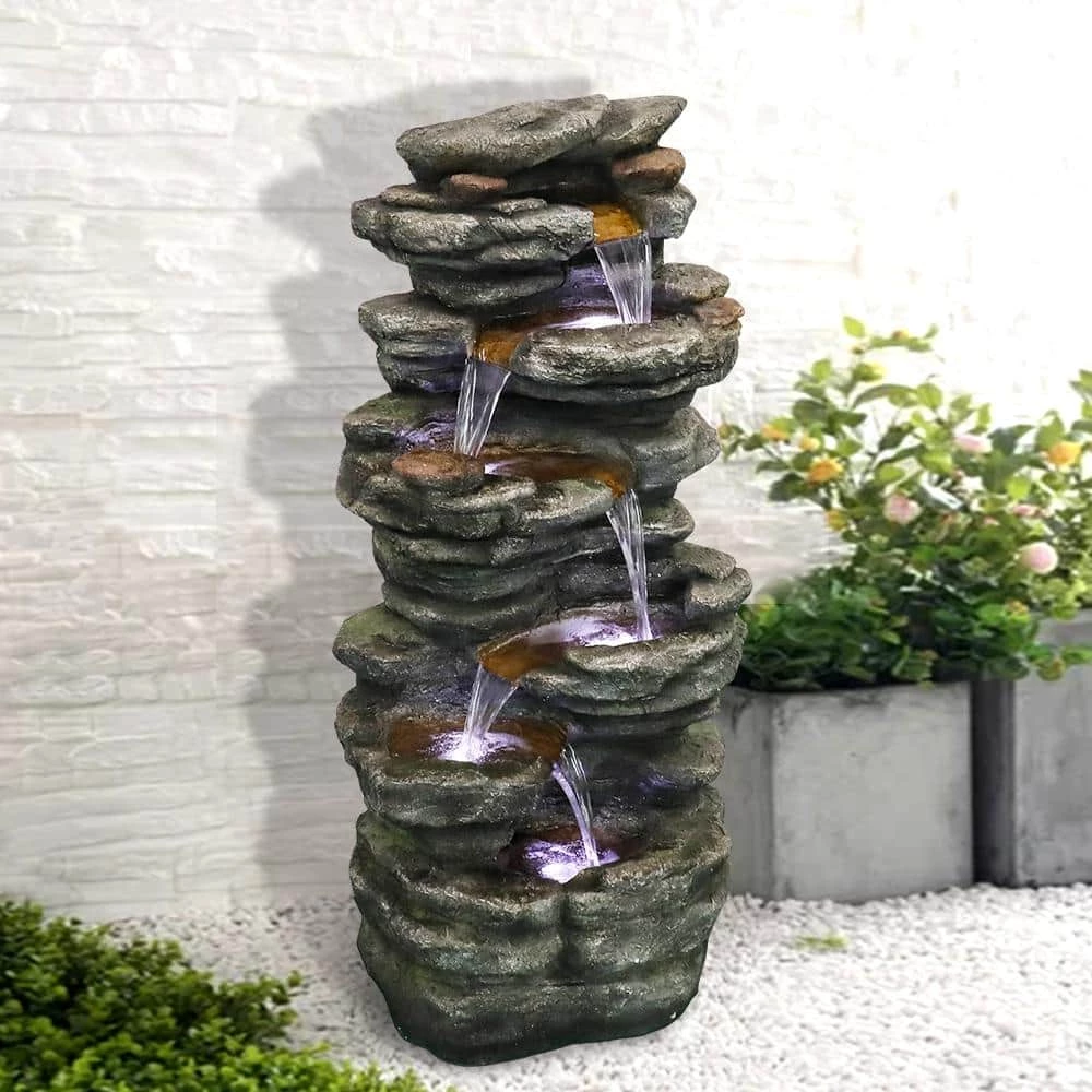 Watnature 40 in. 6-Tier Resin Fiberglass Garden Water Fountain with LED Lights and Soothing Sound for Office, Garden 2 Watnature 40 in. 6-Tier Resin Fiberglass Garden Water Fountain with LED Lights and Soothing Sound for Office, Garden - Image 2