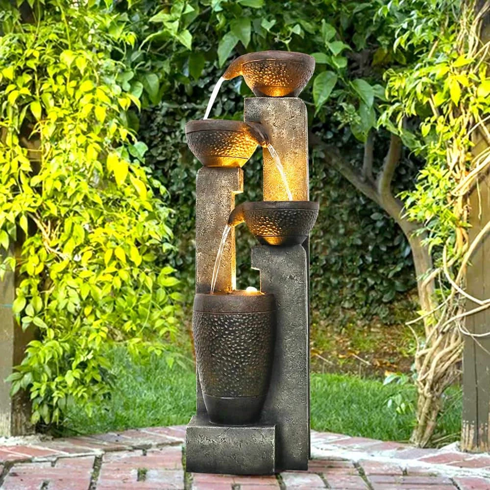 Watnature 40 in. Resin Fiber Modern Outdoor Fountain, 4-Tier Garden Water Feature w/Soothing Sounds & LED Lights for House Office 4 Watnature 40 in. Resin Fiber Modern Outdoor Fountain, 4-Tier Garden Water Feature w/Soothing Sounds & LED Lights for House Office - Image 4