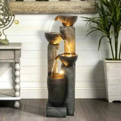 Watnature 40 in. 4-Tier Pots Outdoor Garden Water Fountain with LED Lights -Algreen Sales Store watnature freestanding fountains gpf190042 4f 1000 1