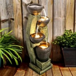 Watnature 40"H Modern Outdoor Fountain - 4 Crocks Outdoor Garden Fountain with Contemporary Design for House and Garden Art Decor -Algreen Sales Store watnature freestanding fountains gpf190049 4f 1000