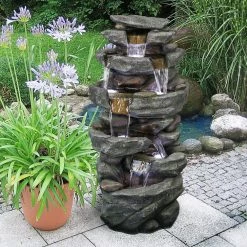 Watnature 40.6 in. Resin Fiber Outdoor Relaxing Water Fountain, 6-Tier Stone-Liking Waterfall Fountain with LED Lights for Garden -Algreen Sales Store watnature freestanding fountains gpf200015 4f 1000