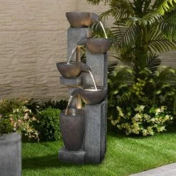Watnature 5-Tiers Outdoor Water Fountains with LED Lights, 39 in. Floor Standing Waterfall Fountains for Garden, Patio, Porch -Algreen Sales Store watnature freestanding fountains gpf200028 4f 1000