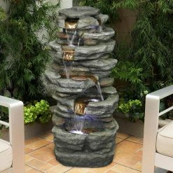 Watnature 32.6 in. Resin Fiber Rockery Water Fountain with Led Lights, 6-Tier Relaxation Outdoor Fountain for Patio, Garden -Algreen Sales Store watnature freestanding fountains gpf210001 1f 1000
