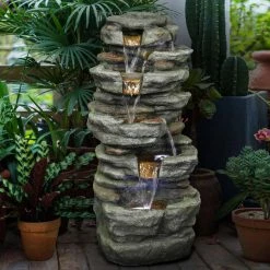 Watnature 32.6 in. Resin Fiber Rockery Water Fountain with Led Lights, 6-Tier Relaxation Outdoor Fountain for Patio, Garden -Algreen Sales Store watnature freestanding fountains gpf210001 4f 1000
