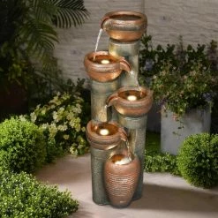 Watnature 39.7 in. 5-Tier Resin Fiberglass Relaxing Outdoor Indoor Garden Water Fountain with LED Lights for House Art Decor -Algreen Sales Store watnature freestanding fountains gpf210007 1f 1000