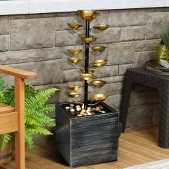 Watnature 31.1 in. Metal Gold Lotus Fountain - Multi-Tier Garden Fountains Outdoor with LED Lights for Indoor Outdoor Art Decor -Algreen Sales Store watnature freestanding fountains tqx t21005 4f 1000