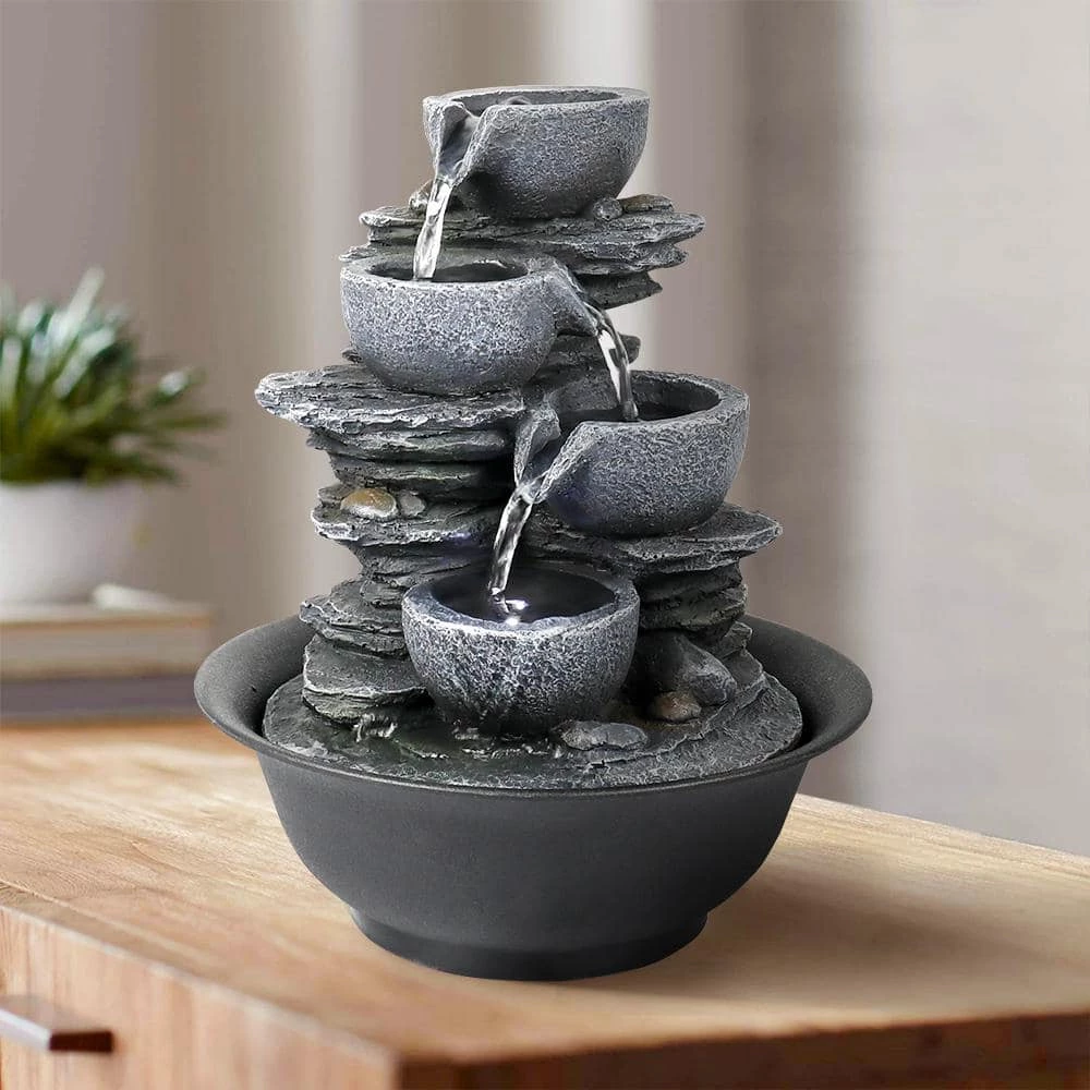 Watnature 10.6 in. Resin Relaxation Tabletop Fountain for Indoor Cascading Bowl Fountain with LED Lights for House Office 2 Watnature 10.6 in. Resin Relaxation Tabletop Fountain for Indoor Cascading Bowl Fountain with LED Lights for House Office - Image 2