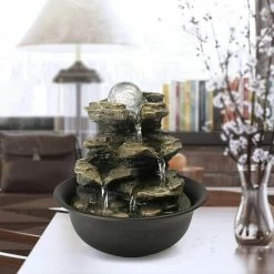 Watnature 8.3 in. Resin Cascading Tabletop Fountain with Spinning Orb and LED Lights, 4-Tier Meditation Indoor Fountain Home Decor -Algreen Sales Store watnature tabletop fountains b js 7156035 4f 1000