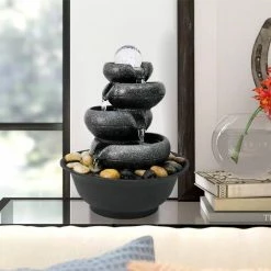 Watnature 11.4 in. Resin Cascading Indoor Tabletop Waterfall Fountain with LED Lights and Spinning Orb, 5-Tiers Blows Zen Fountain -Algreen Sales Store watnature tabletop fountains b ls 8808 4f 1000