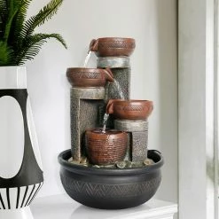 Watnature 15.7 in. Resin Indoor Water Fountain 4-Step Relaxation Feng Shui Tabletop Fountain with LED Lights -Algreen Sales Store watnature tabletop fountains b lsg 111077ll 4f 1000