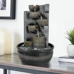Watnature Resin Tabletop Water Fountain - 15.3in 7-tier Indoor Relaxing Waterfall Feature with LED Lights for Office, Room Decor -Algreen Sales Store watnature tabletop fountains b yds31015 4f 1000