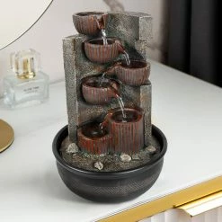 Watnature Resin Indoor Tabletop Fountain -15.3in 7-tier Relaxing Waterfall Feature with LED Lights for Office, Room, House Decor -Algreen Sales Store watnature tabletop fountains b yds31015 g 1f 1000