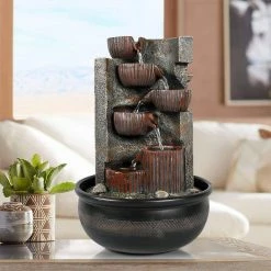 Watnature Resin Indoor Tabletop Fountain -15.3in 7-tier Relaxing Waterfall Feature with LED Lights for Office, Room, House Decor -Algreen Sales Store watnature tabletop fountains b yds31015 g 4f 1000